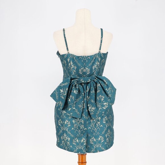 ALTAR'D STATE Brocade Jacquard Bow Tie Mini Dress Teal Gold Metallic Size M - Picture 5 of 8